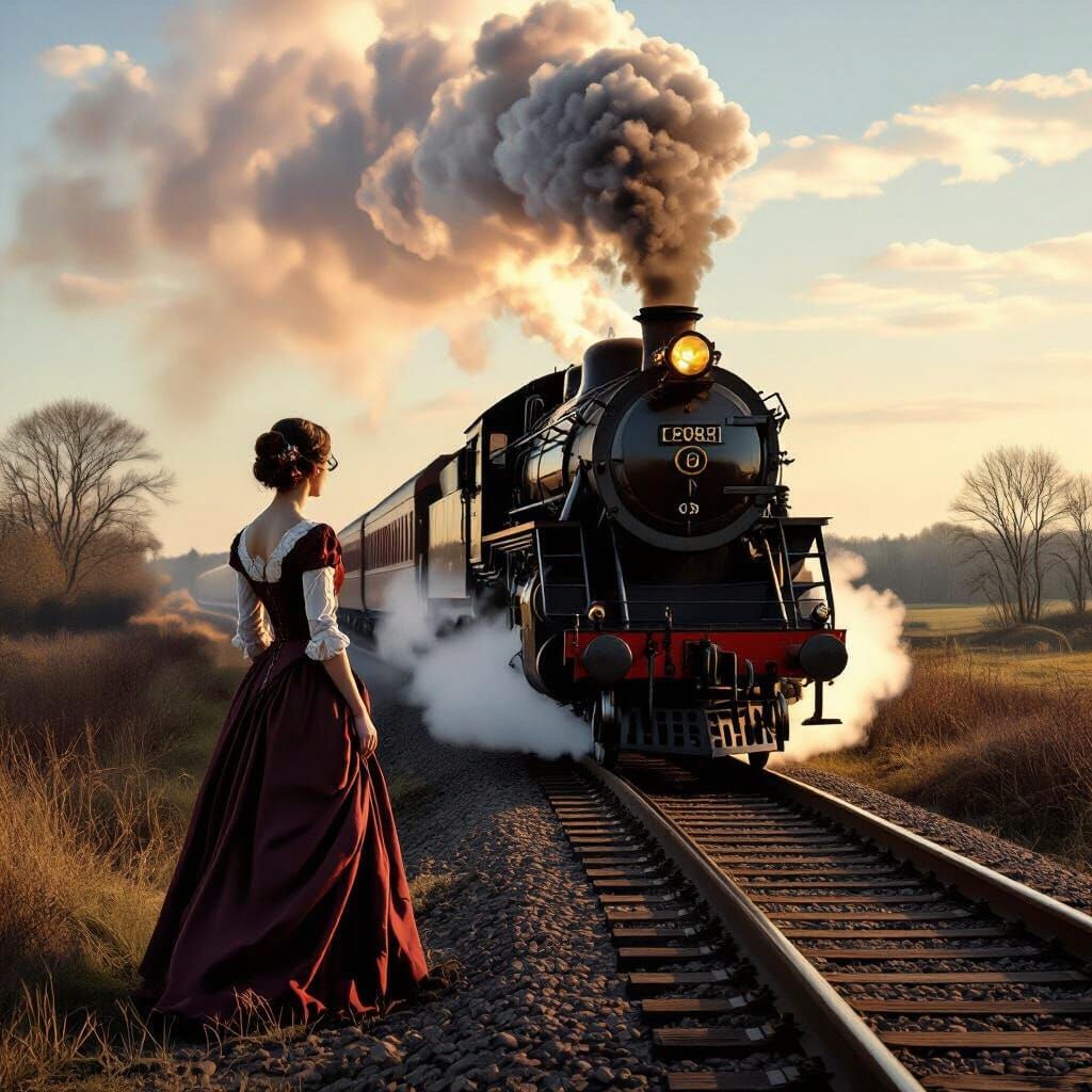 Woman Watches Vintage Train Pass By in Painterly Style