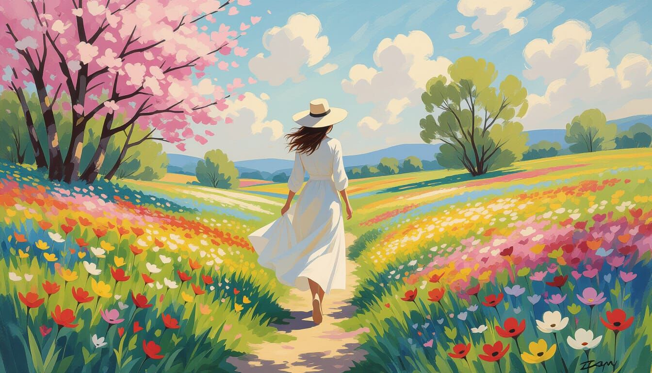 Woman Walks in Impressionist Spring Landscape