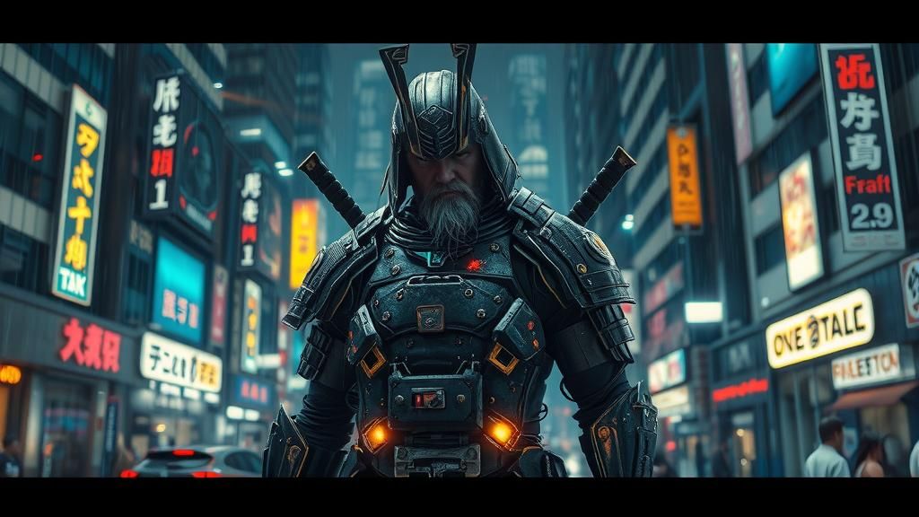 Cyberpunk Samurai Warrior in Neon Cityscape