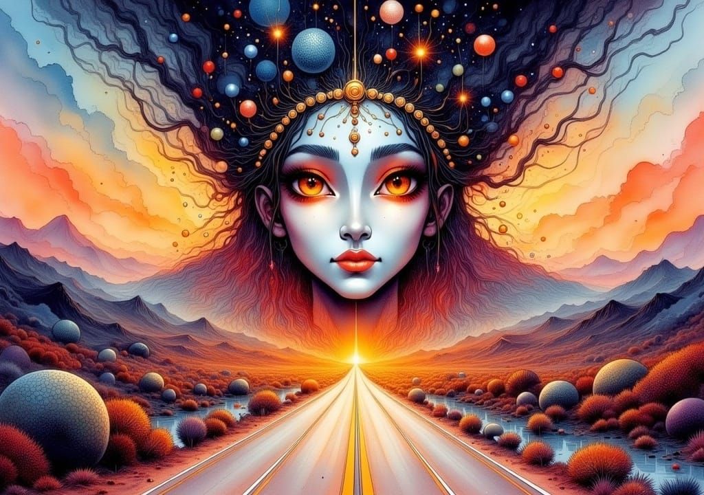 Goddess Durga in Ink Wash Storybook Scene