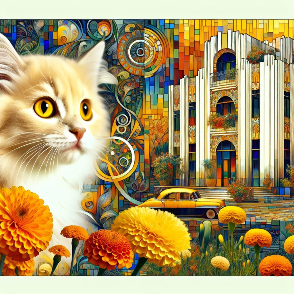Deco Building with Cat in Yellow Kaleidoscope