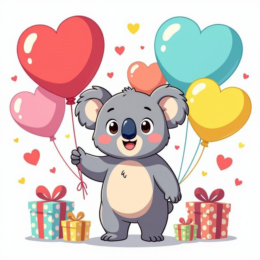 Anime Koala Character with Heart Balloons