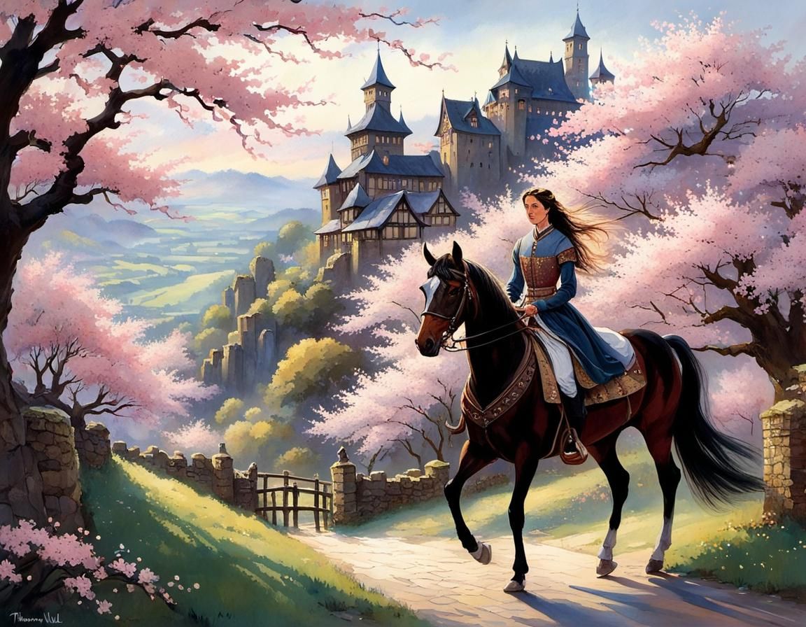 Medieval Maiden Rides Horse through Cherry Blossom Valley