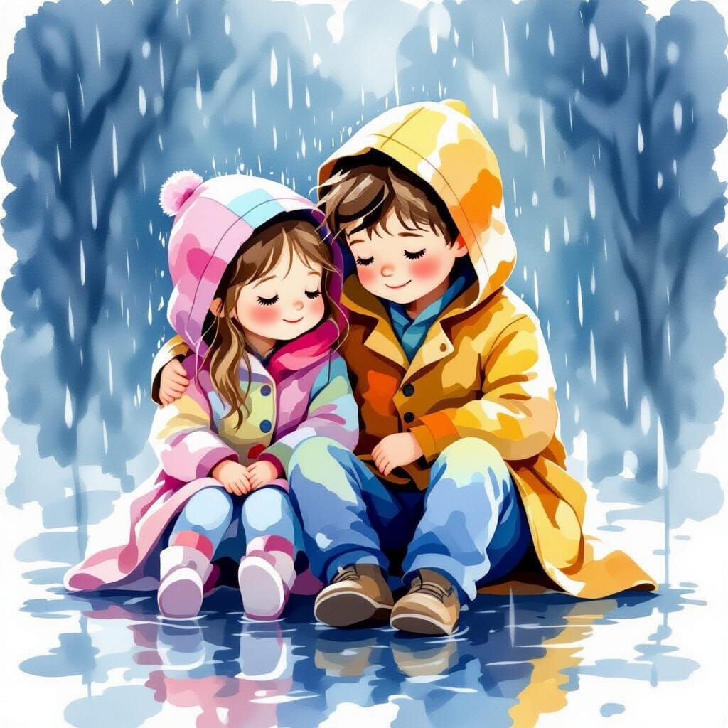 Brother and Sister in Rain, Watercolor Illustration
