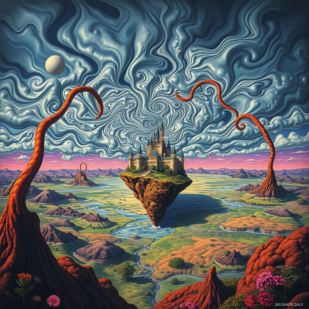 Surreal Landscape with Elastic Flora and Vortex Castle