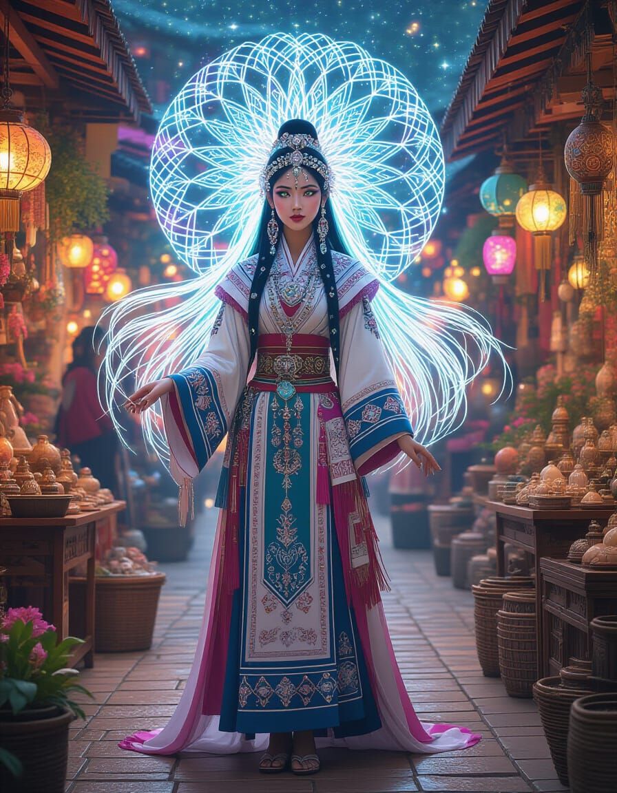 Imagine a Hmong shamaness with flawless skin and flowing hair of liquid starlight, adorned in traditional attire interwo...