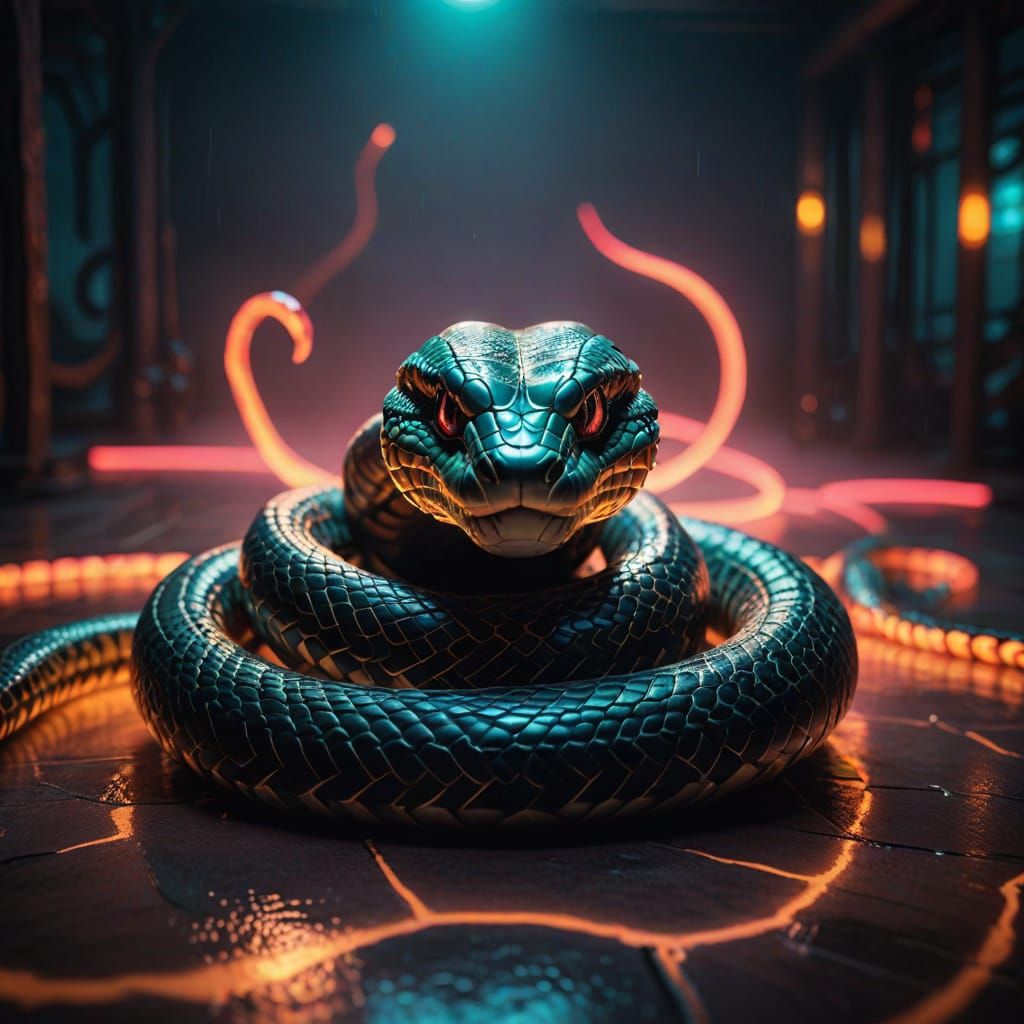Surreal Cobra in Karate Gi, Radiating Neon Colors