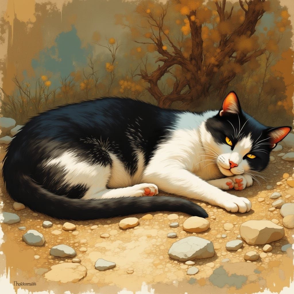 Cats in Garden, Impressionist Style