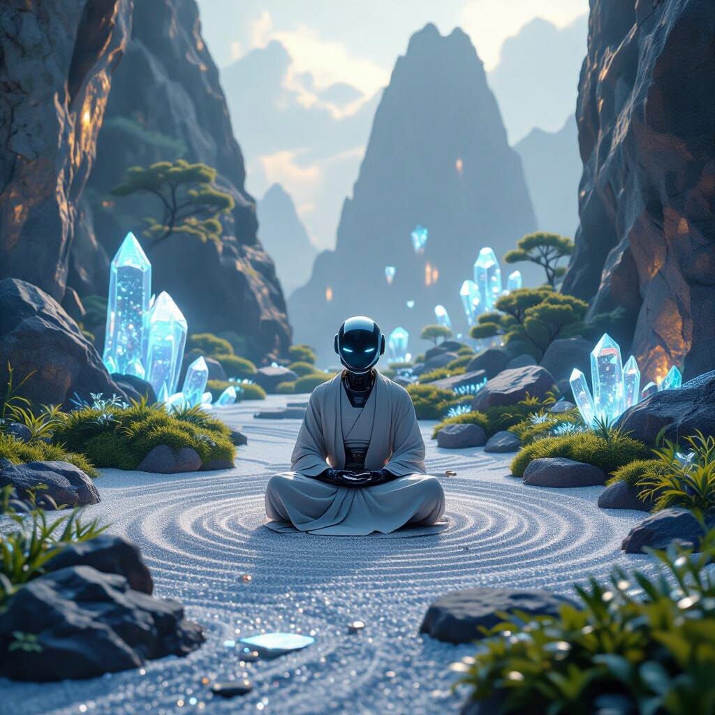 Alien Zen Garden with Meditating Robot, Hyperrealistic Style