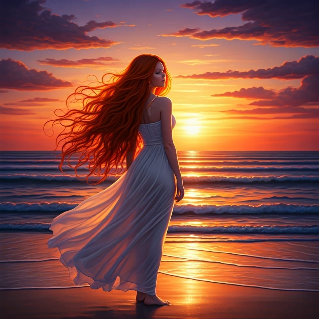 Ethereal Woman with Flowing Red Hair at Sunset