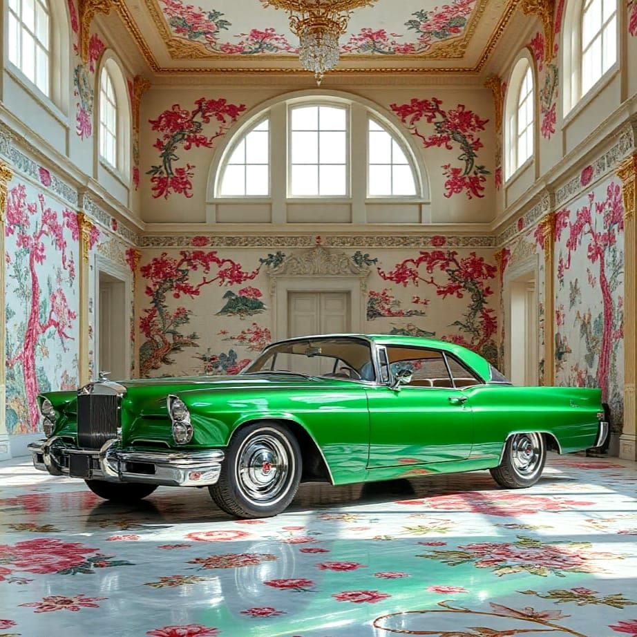 Luxurious Green Fantasy Car in a Chinoiserie Baroque Room
