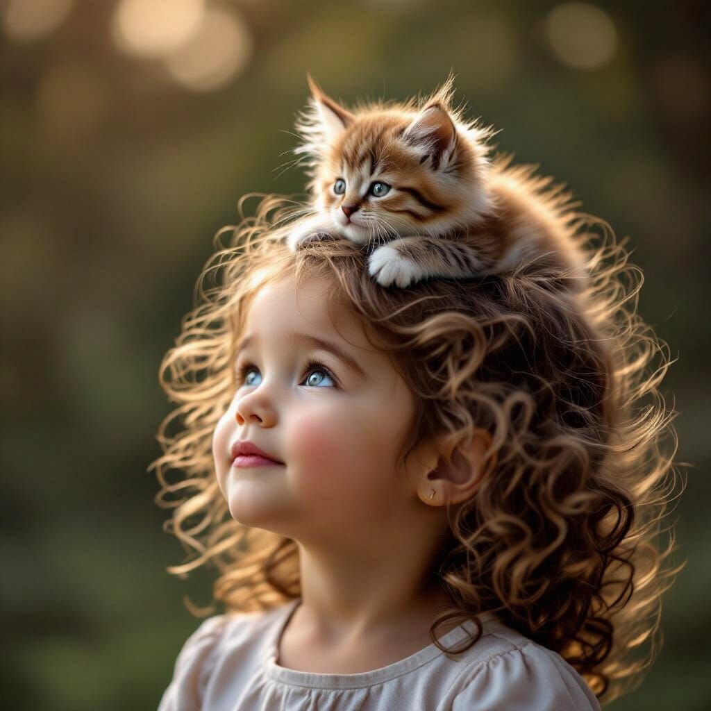 Little Girl with Kitten in Hair, Photorealistic