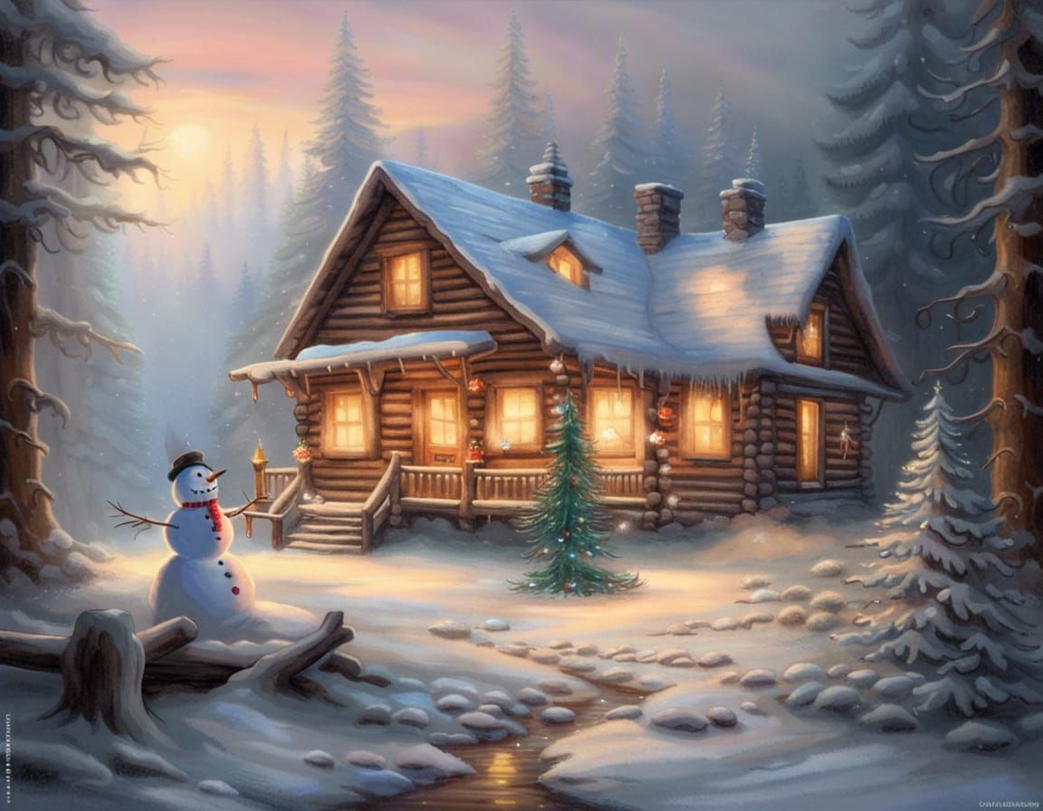 Winter Cabin in Pine Forest with Christmas Lights