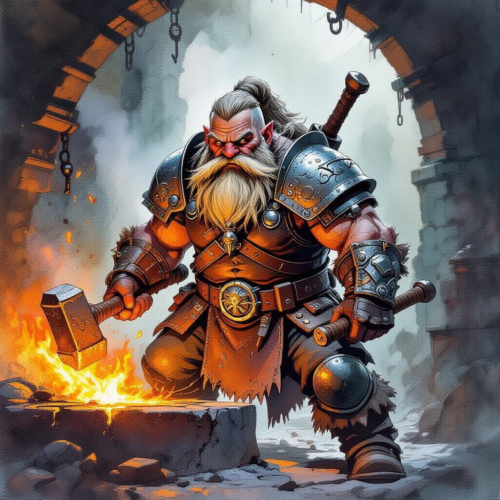 Gritty Dwarven Smith at Forge in Watercolour Style