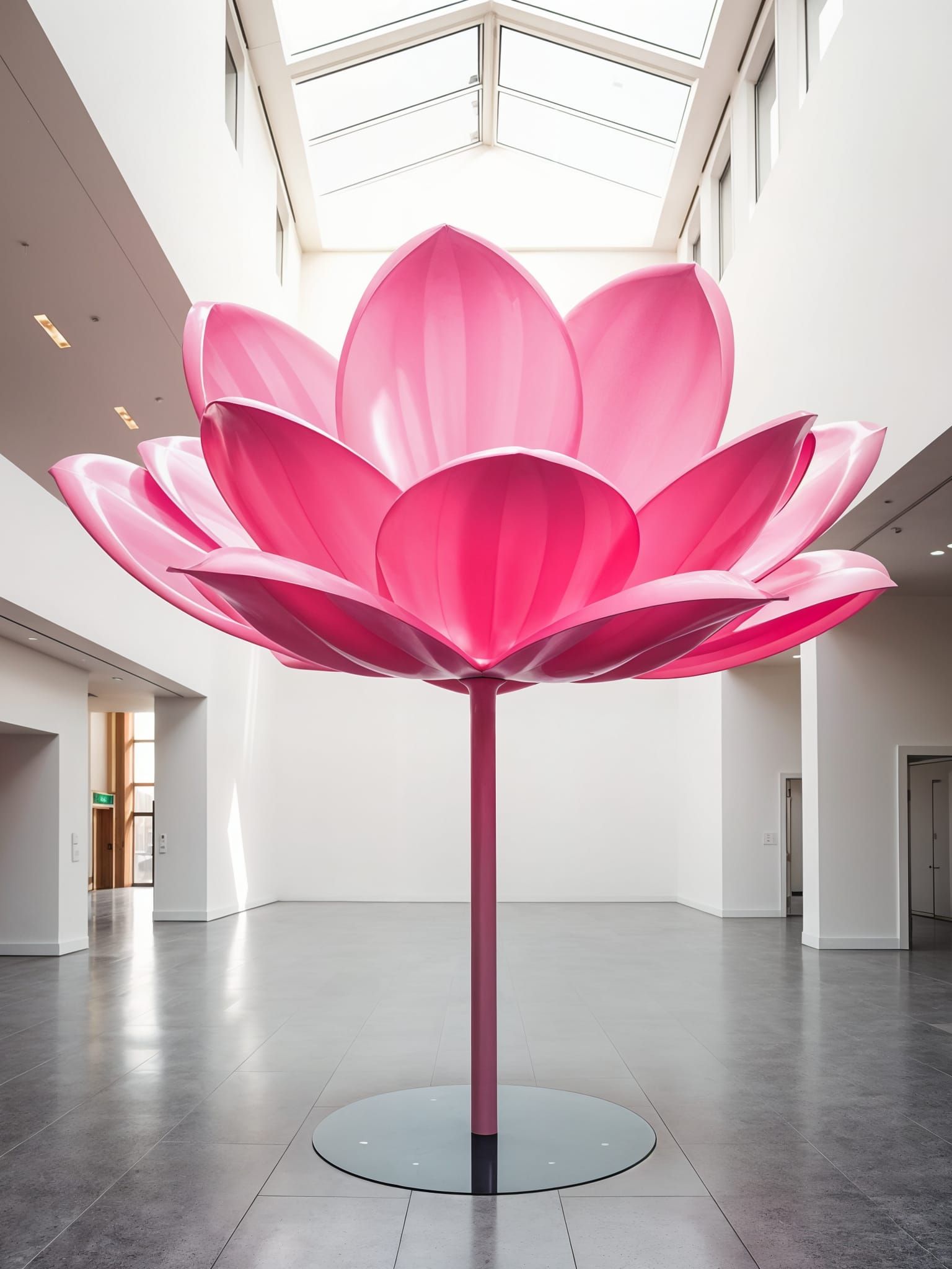 Giant Pink Plastic Flower in Modern Museum