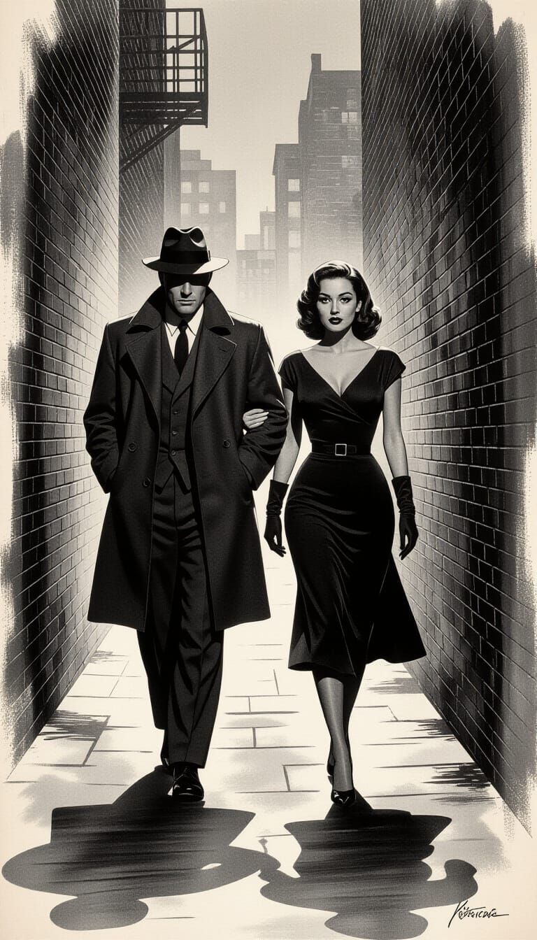 Film Noir Detective in Dark Alleyway