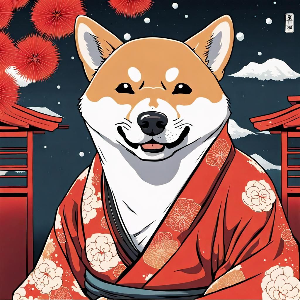 Shiba Santa Vector Art in Ukiyo-e Style
