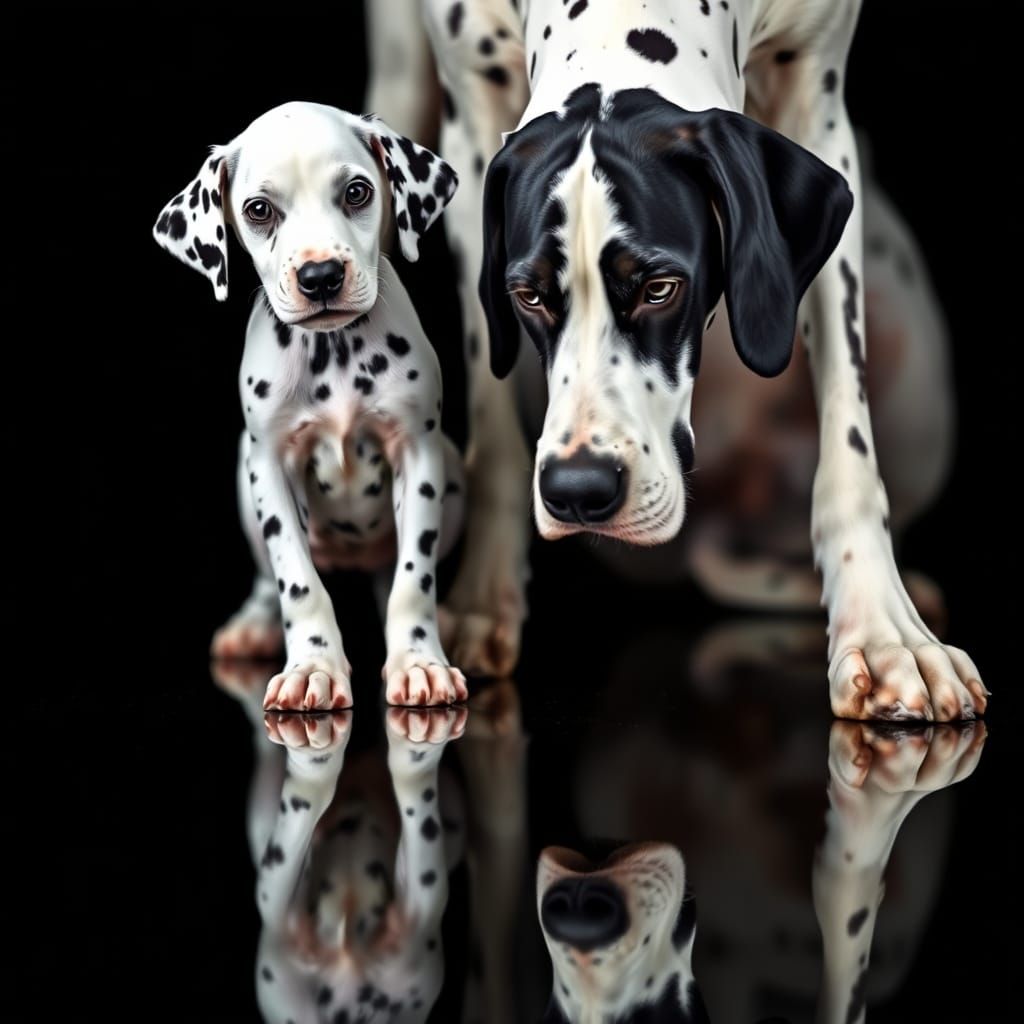 Dalmatian Puppy and Harlequin Great Dane in Symmetrical Refl...