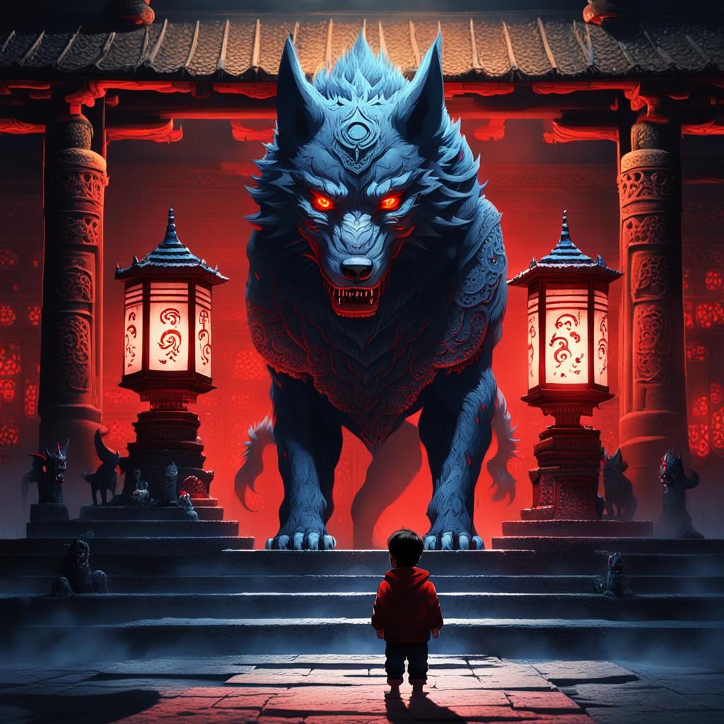 Toddler and Wolf Demon in Dark Japanese Temple