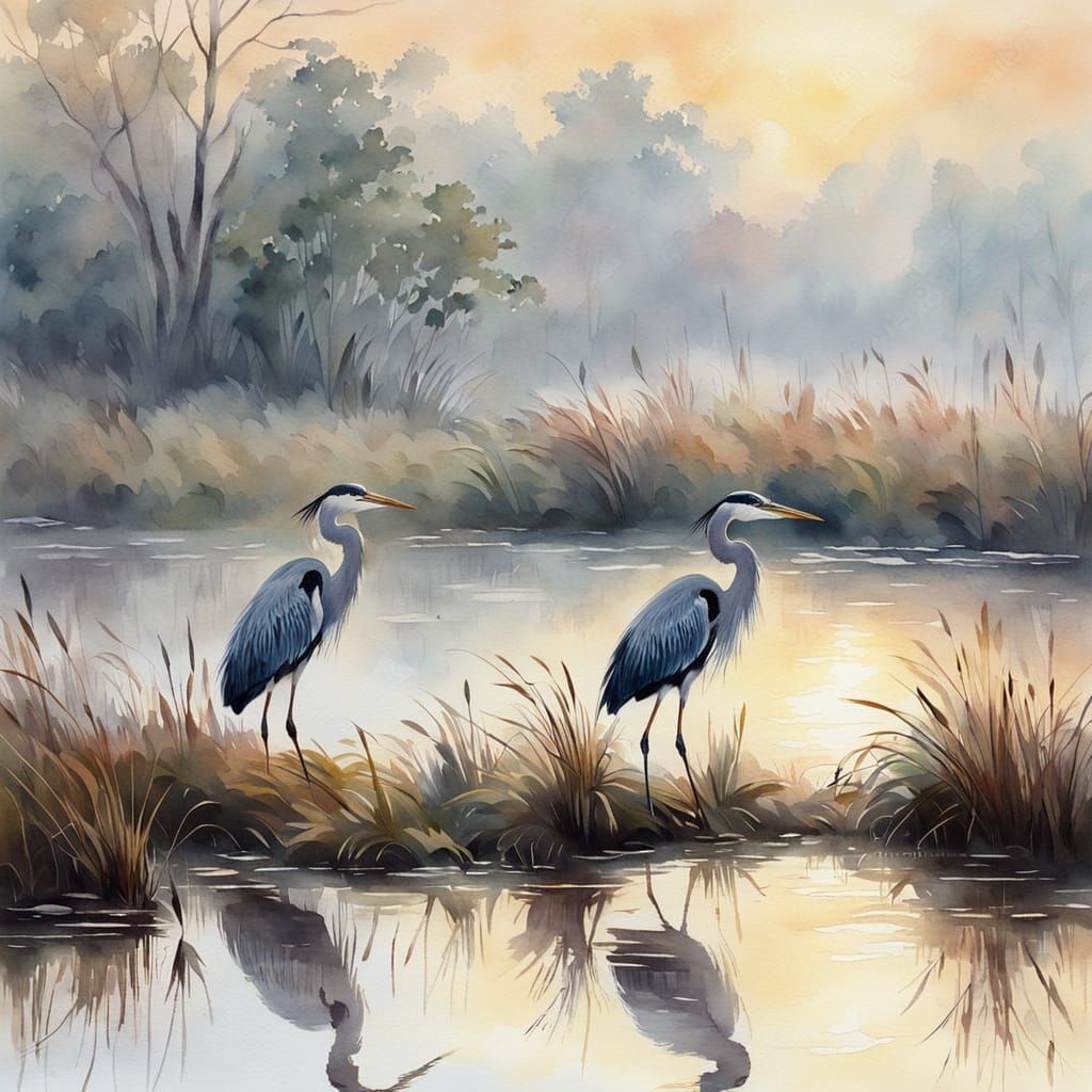 Herons by Misty Marsh in Impressionist Watercolor Style