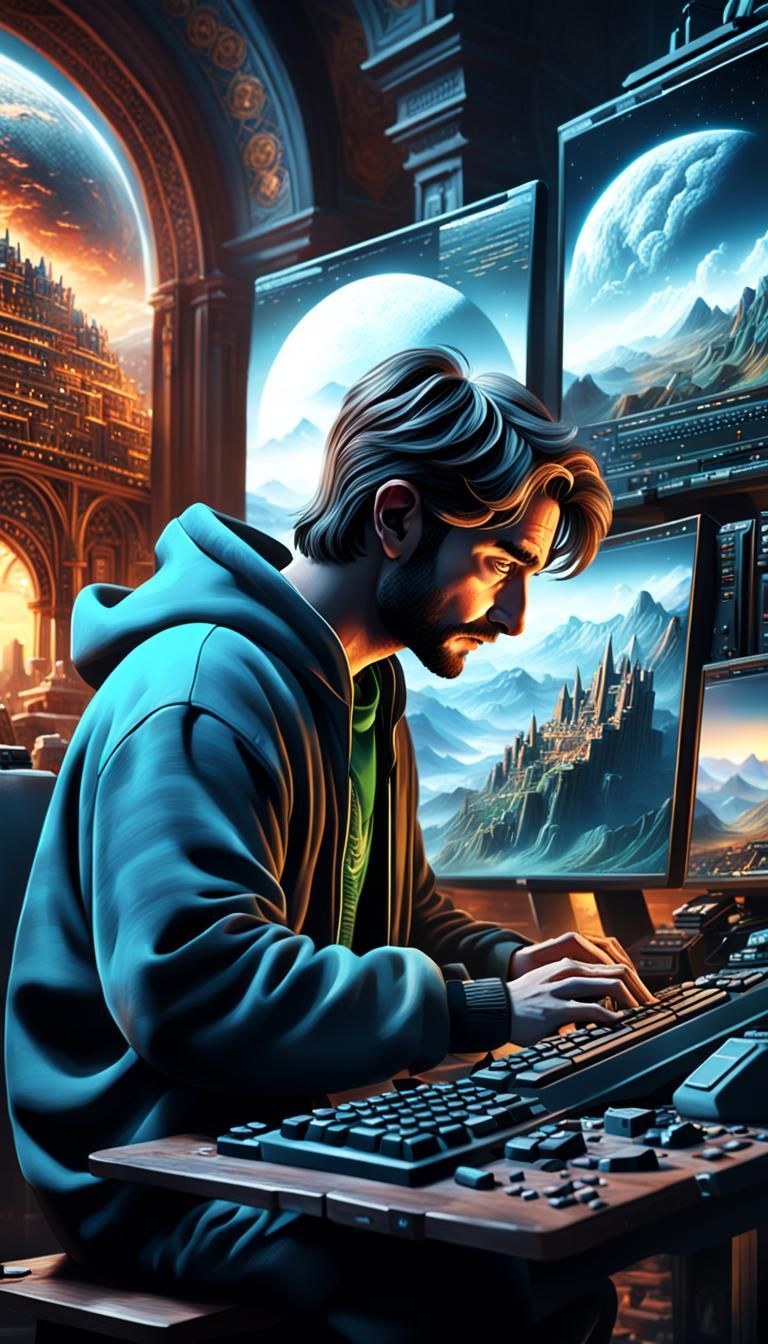 Detailed Man Typing on Computer: Cinematic Digital Art