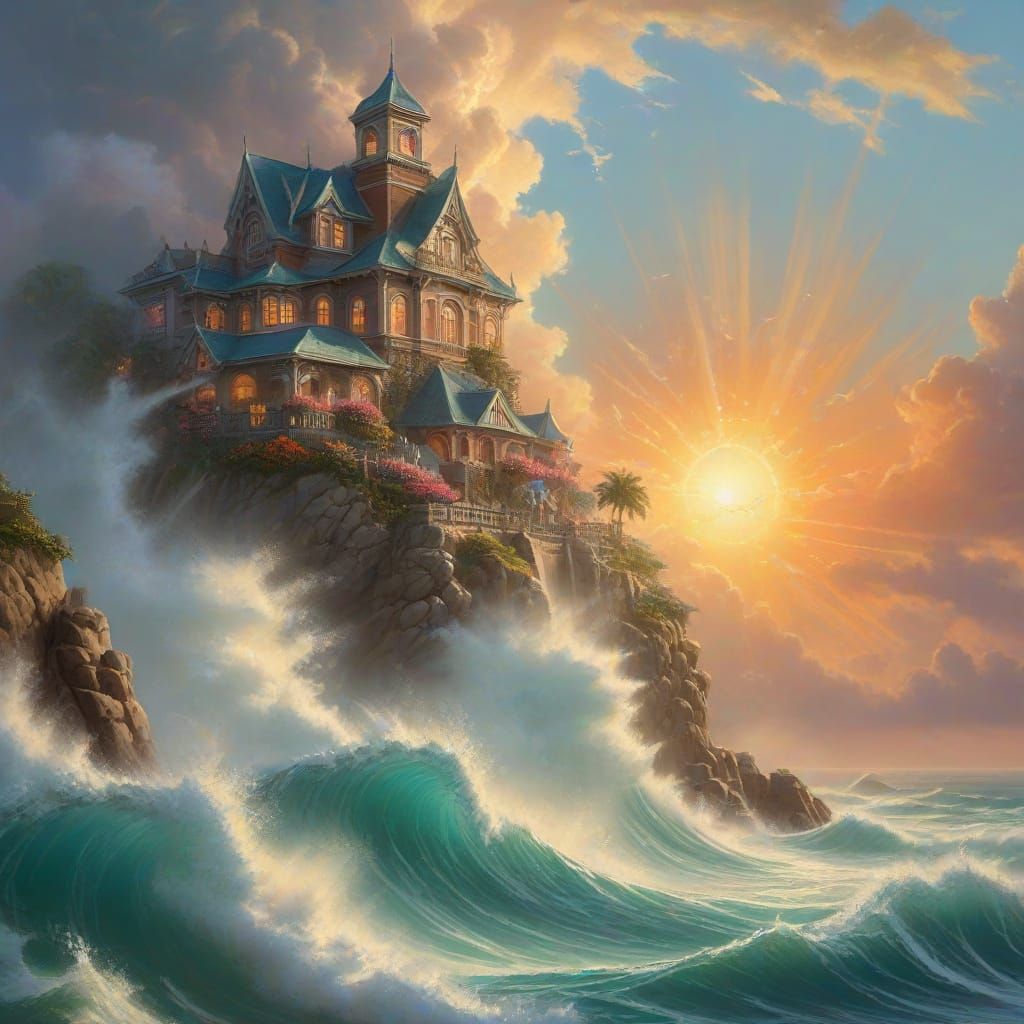 Giant Tsunami Approaches Beach in Surreal Fantasy Style
