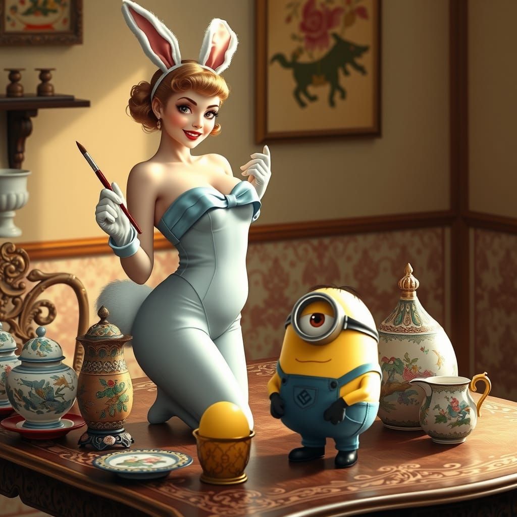 Vintage Bunny Pin-Up Girl with Minion