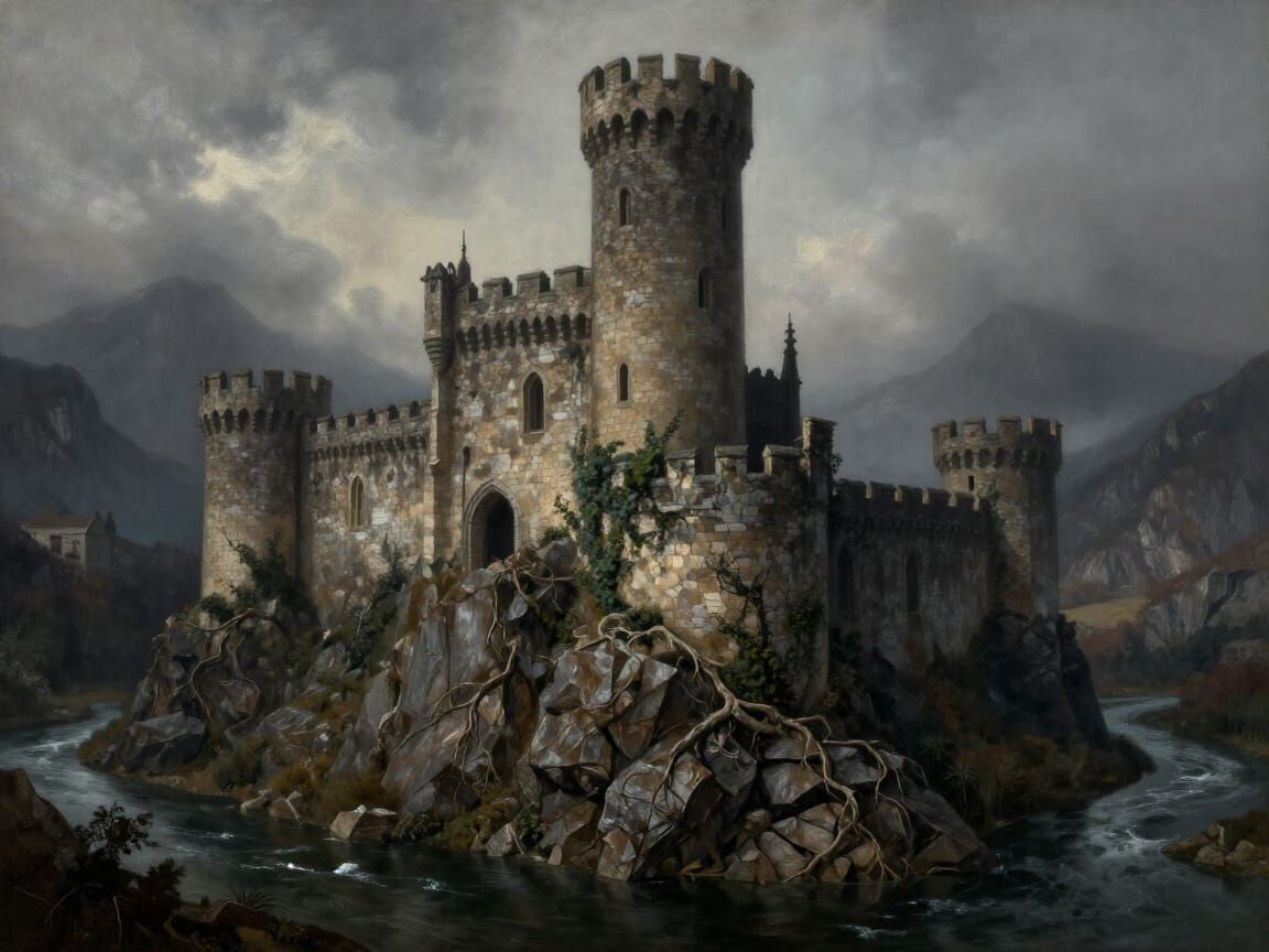 Gothic Castle on Rocky Cliffside in Brooding Sky