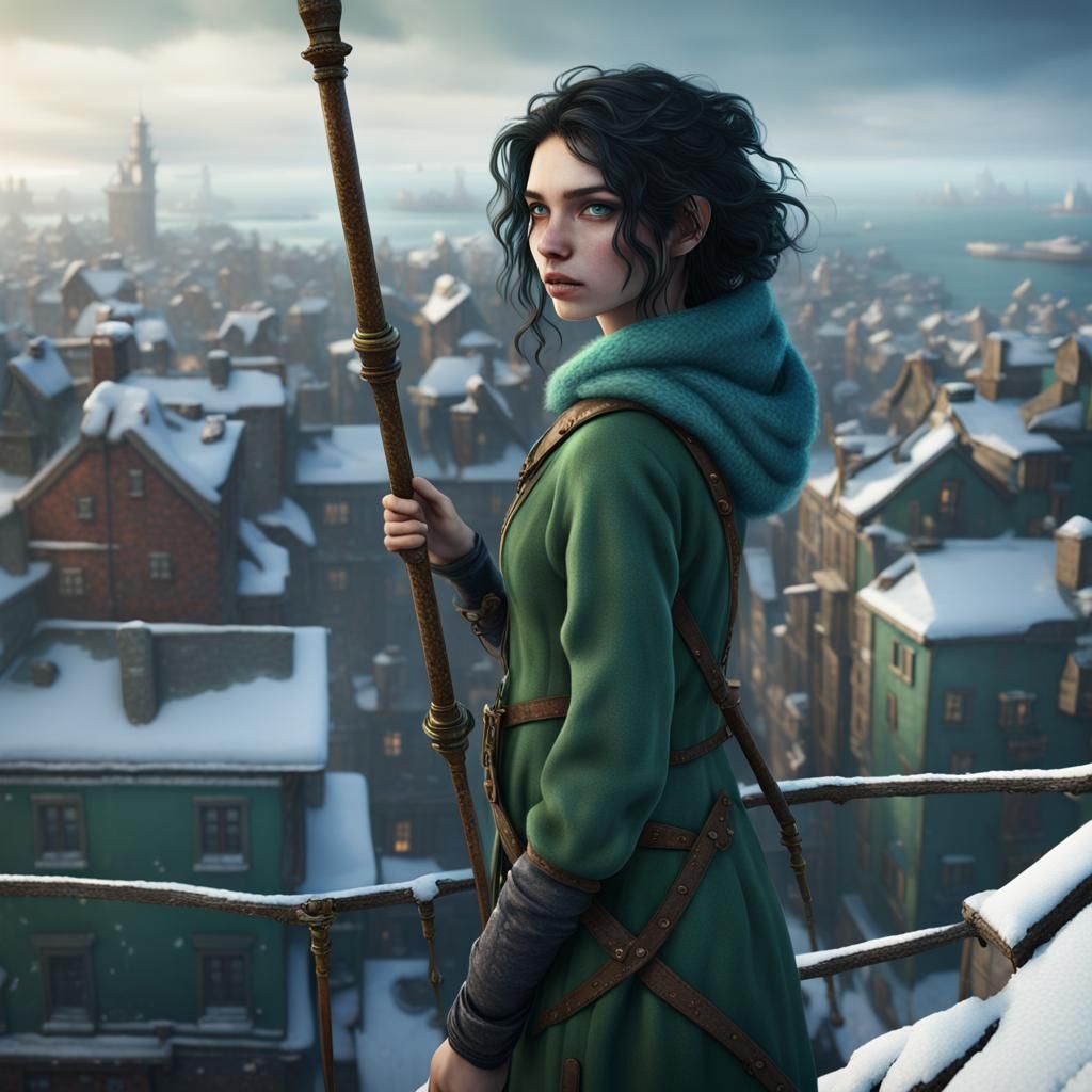 Teenage Girl Vigilante Overlooking Snowy Port City