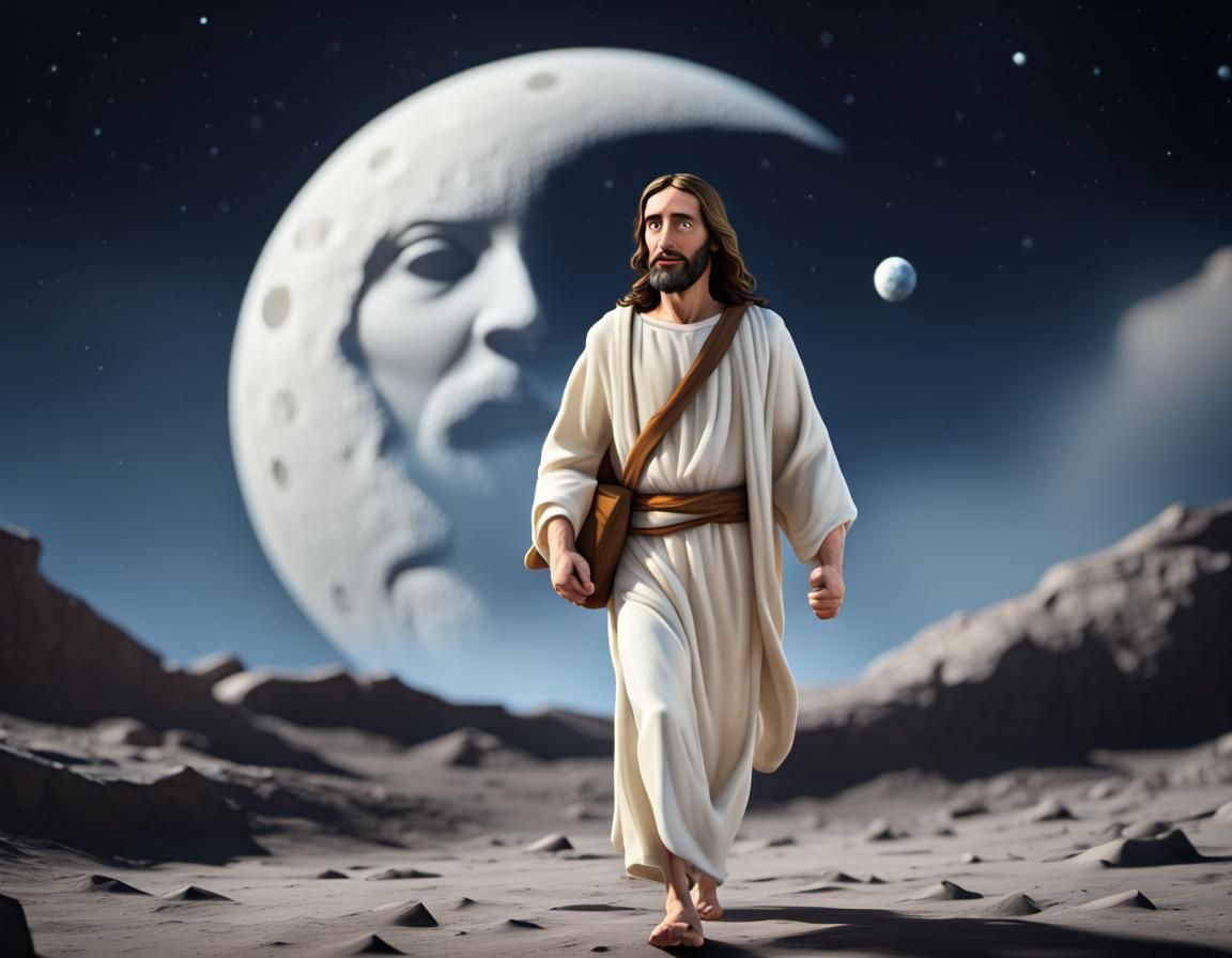 Cartoon Jesus Walks on the Moon in CGI
