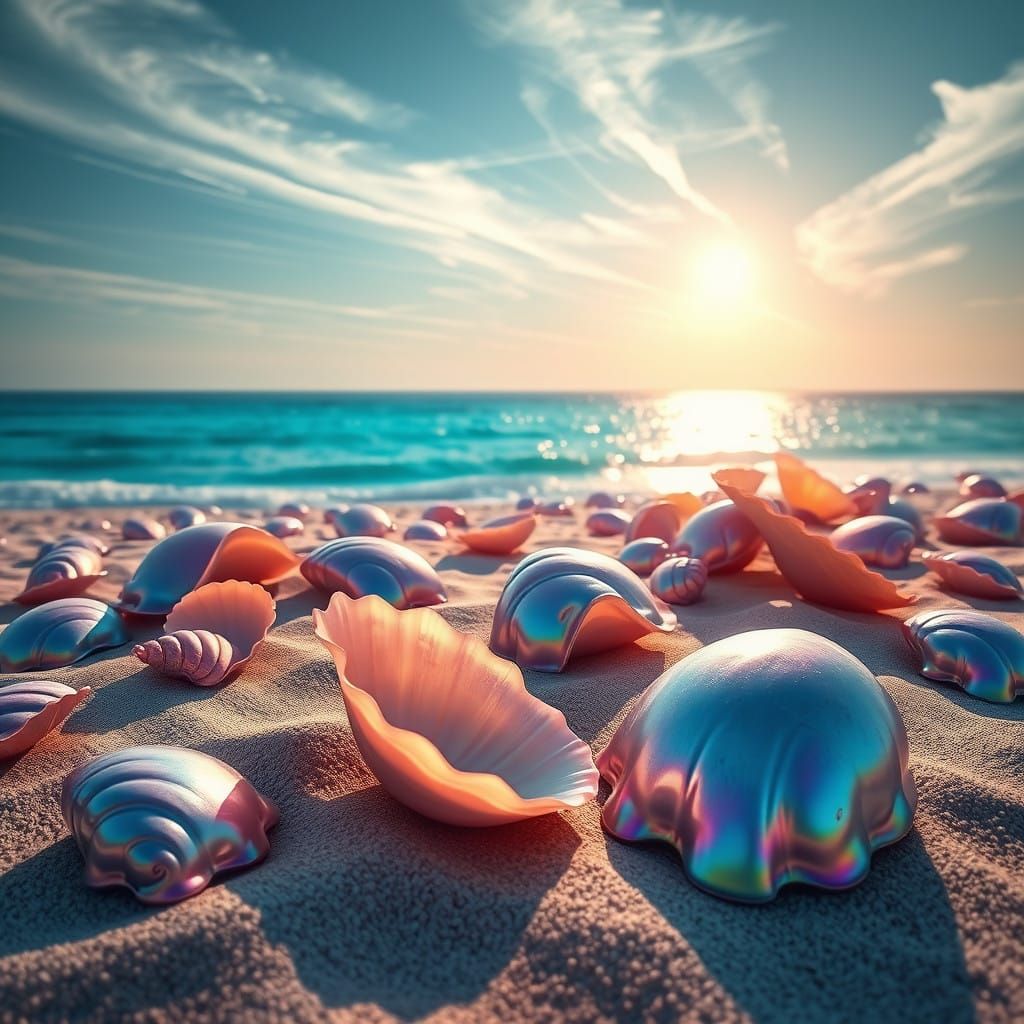 Vibrant Beachscape with Oversized Shells