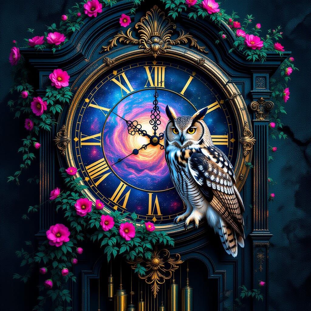 Majestic Owl on Cosmic Clock with Bioluminescent Flowers