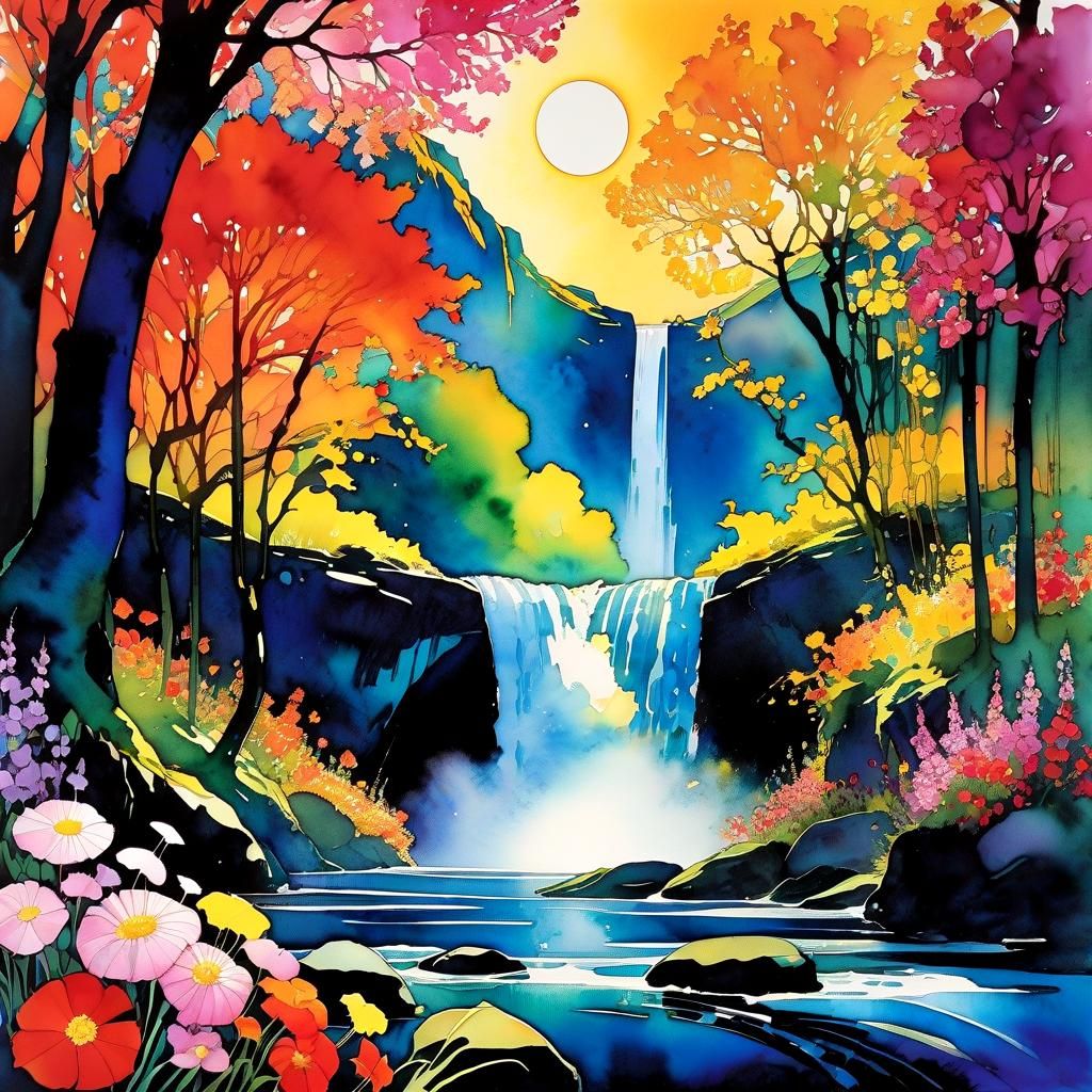 Cel-Shaded Waterfall Dreamscape on Parchment