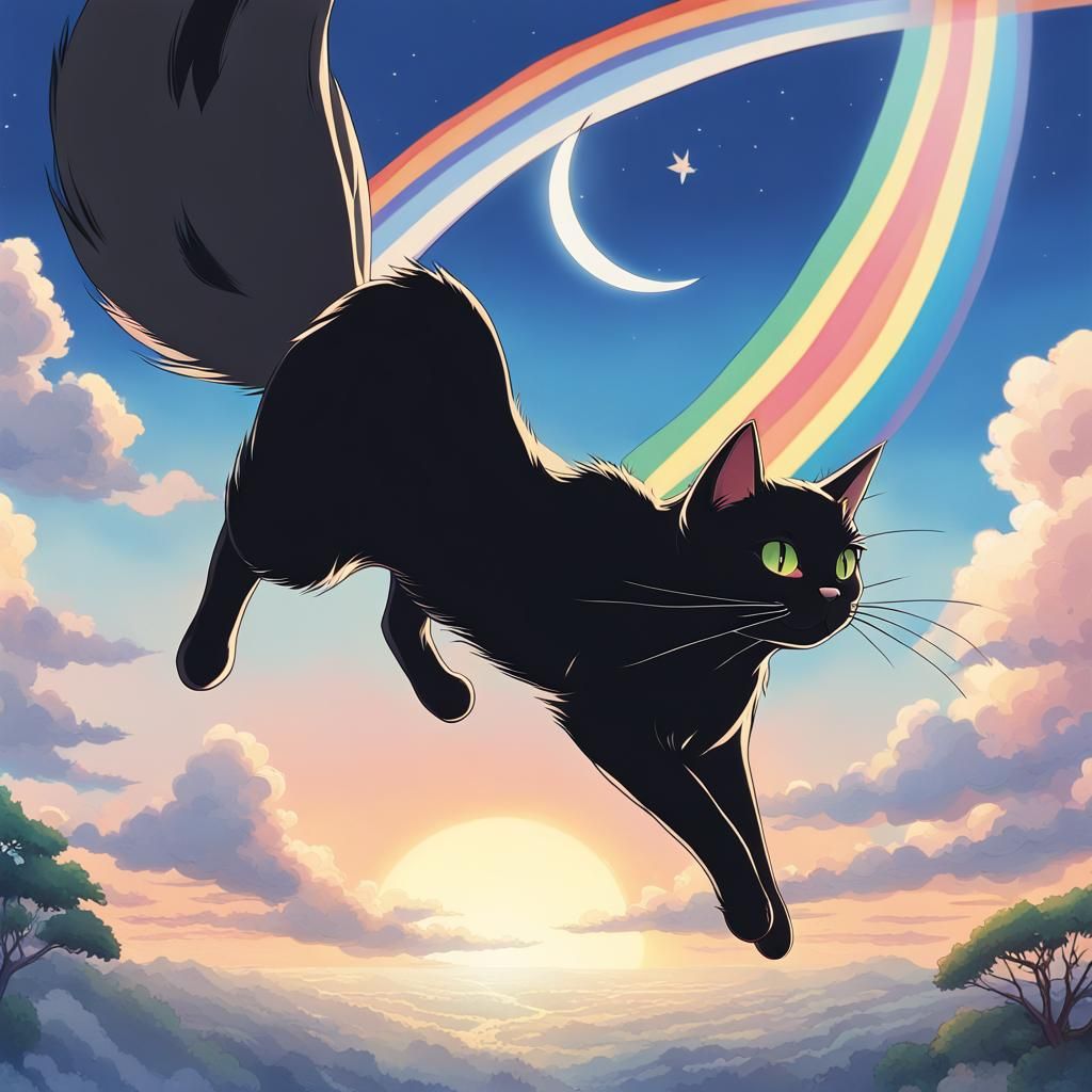 Winged Cat Soaring Past Rainbow Moon, Anime Style