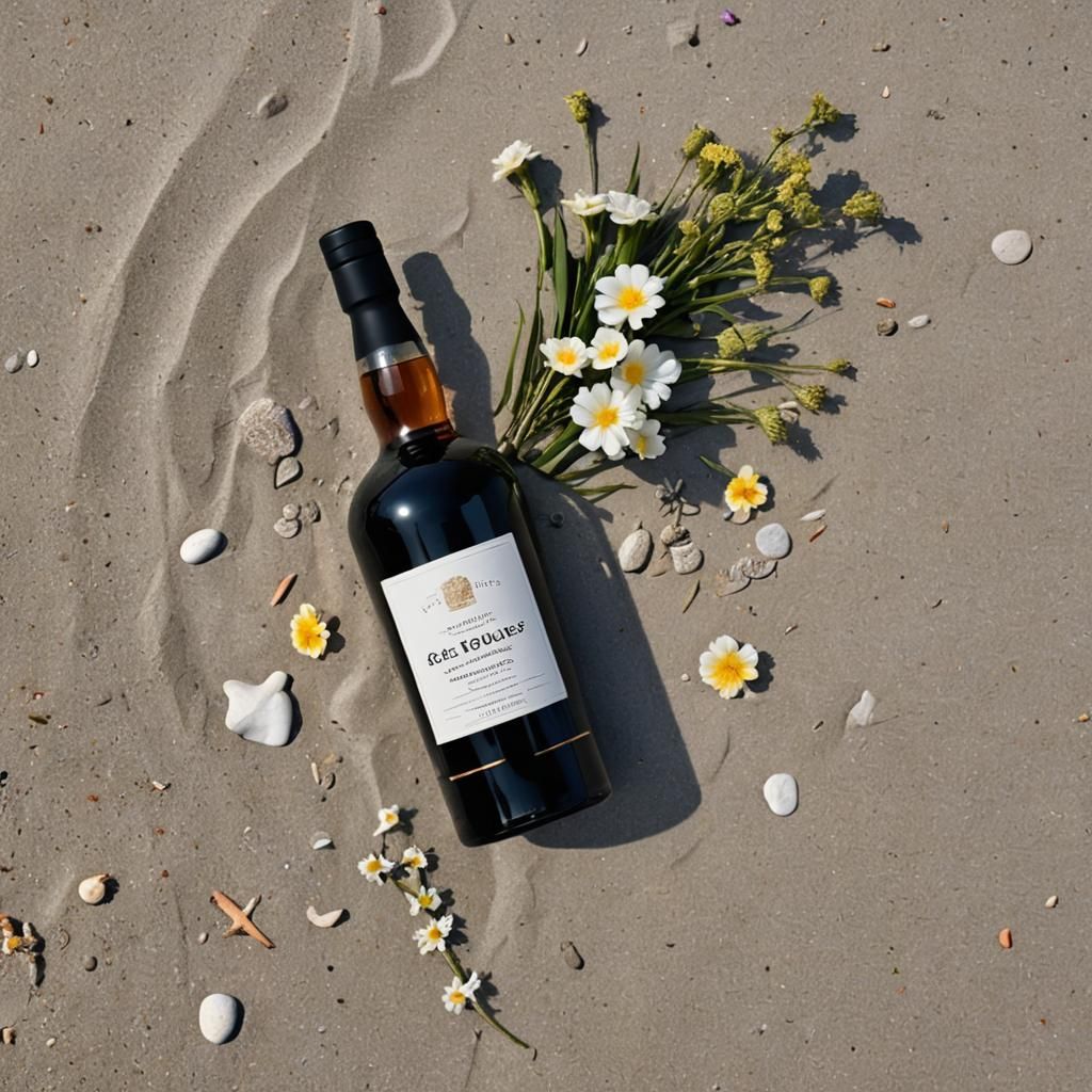 Whisky Bottle and Flowers on the Beach