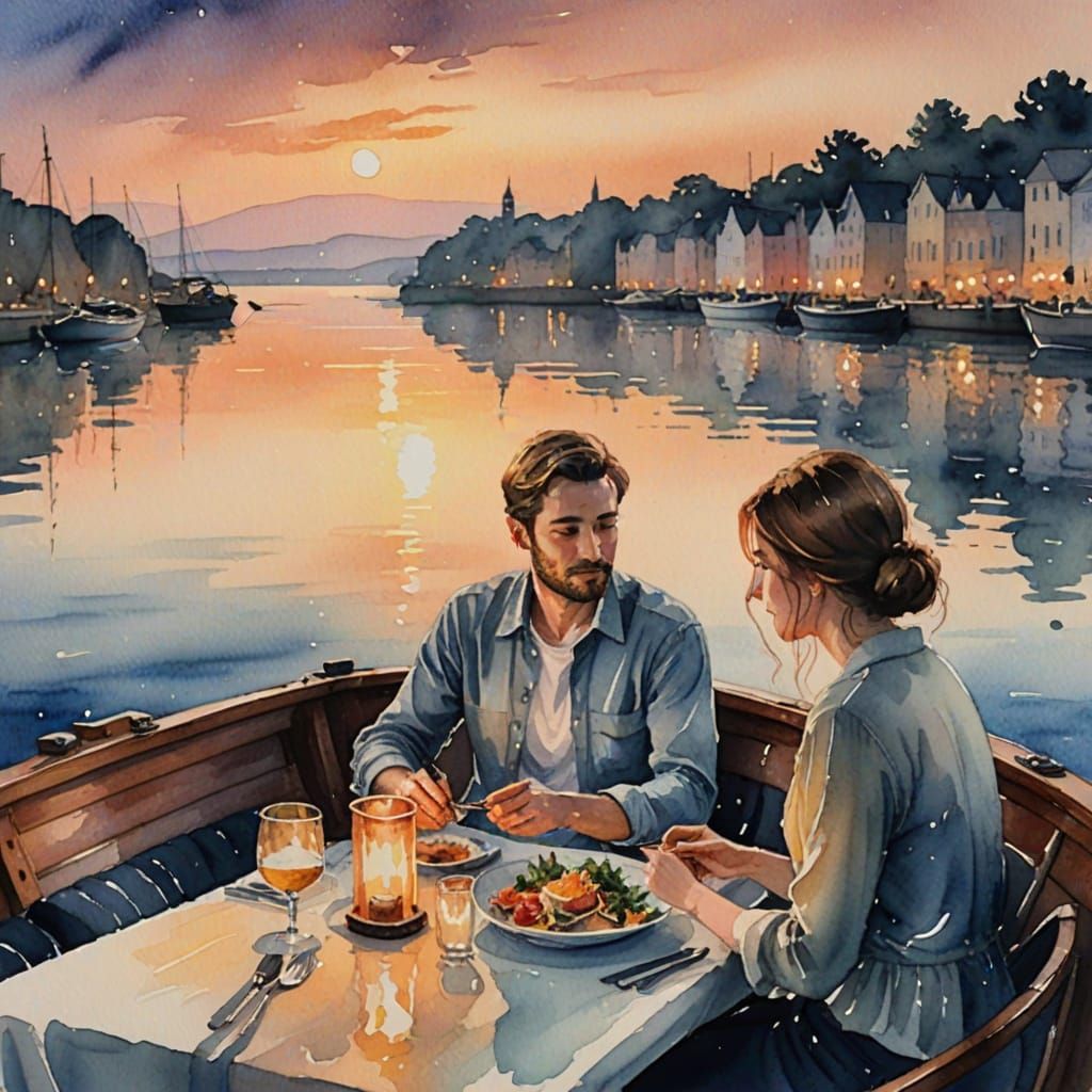 Romantic Dinner on a Boat: Watercolor Painting