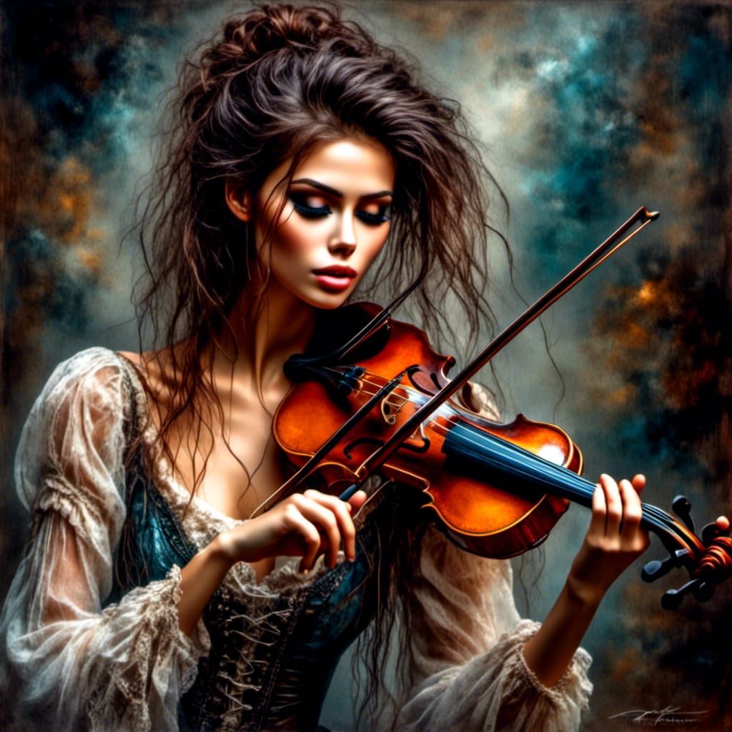 Ethereal Woman Plays Violin in Misty Haze