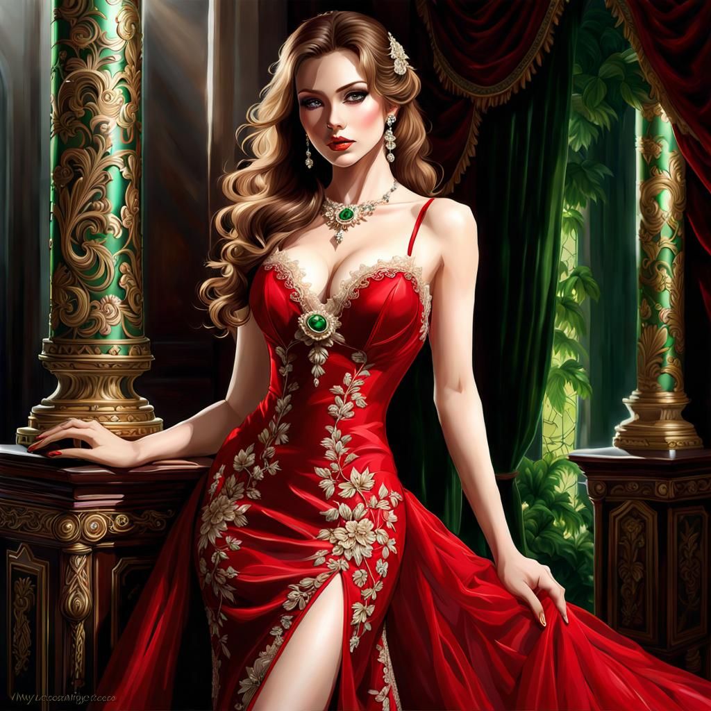 Brunette in Red Lace Gown: A Fantasy Portrait
