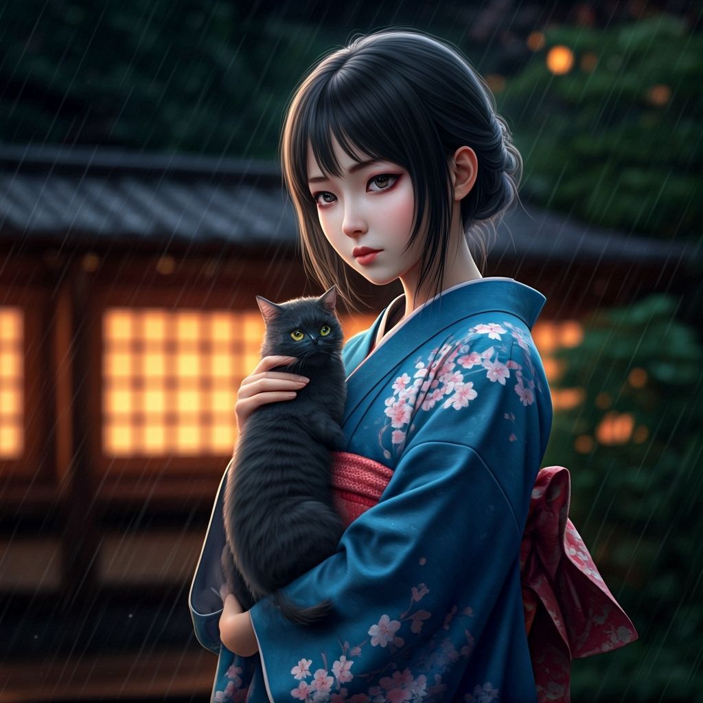Serene Japanese Woman with Cat in Rainy Garden
