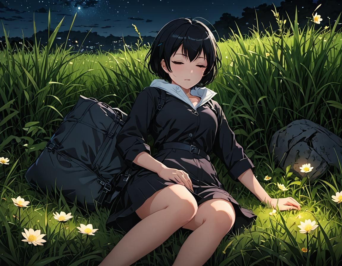 Anime Woman Sleeping Under Night Sky