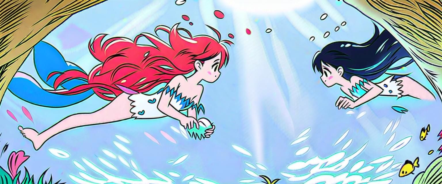 Two Mermaids Underwater with Red and Black Hair