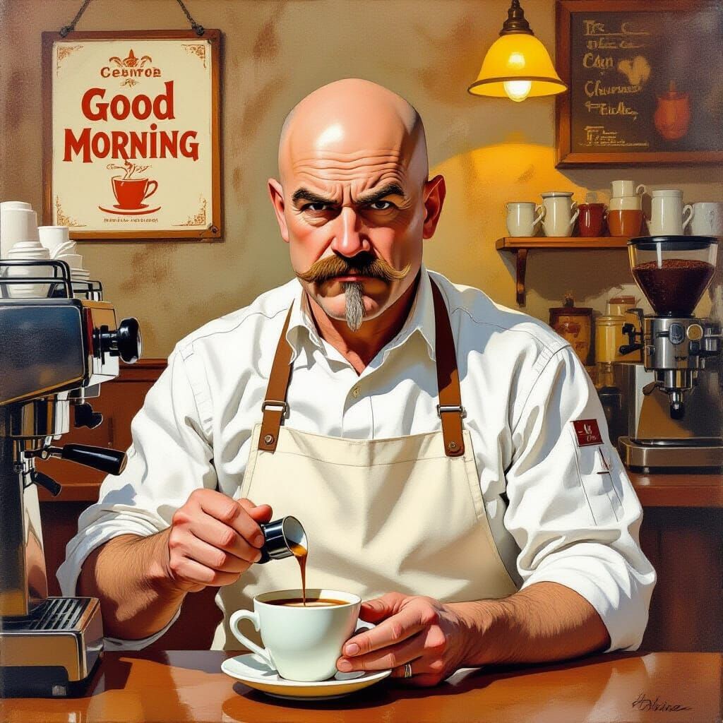 Grumpy Barista in the Style of Norman Rockwell