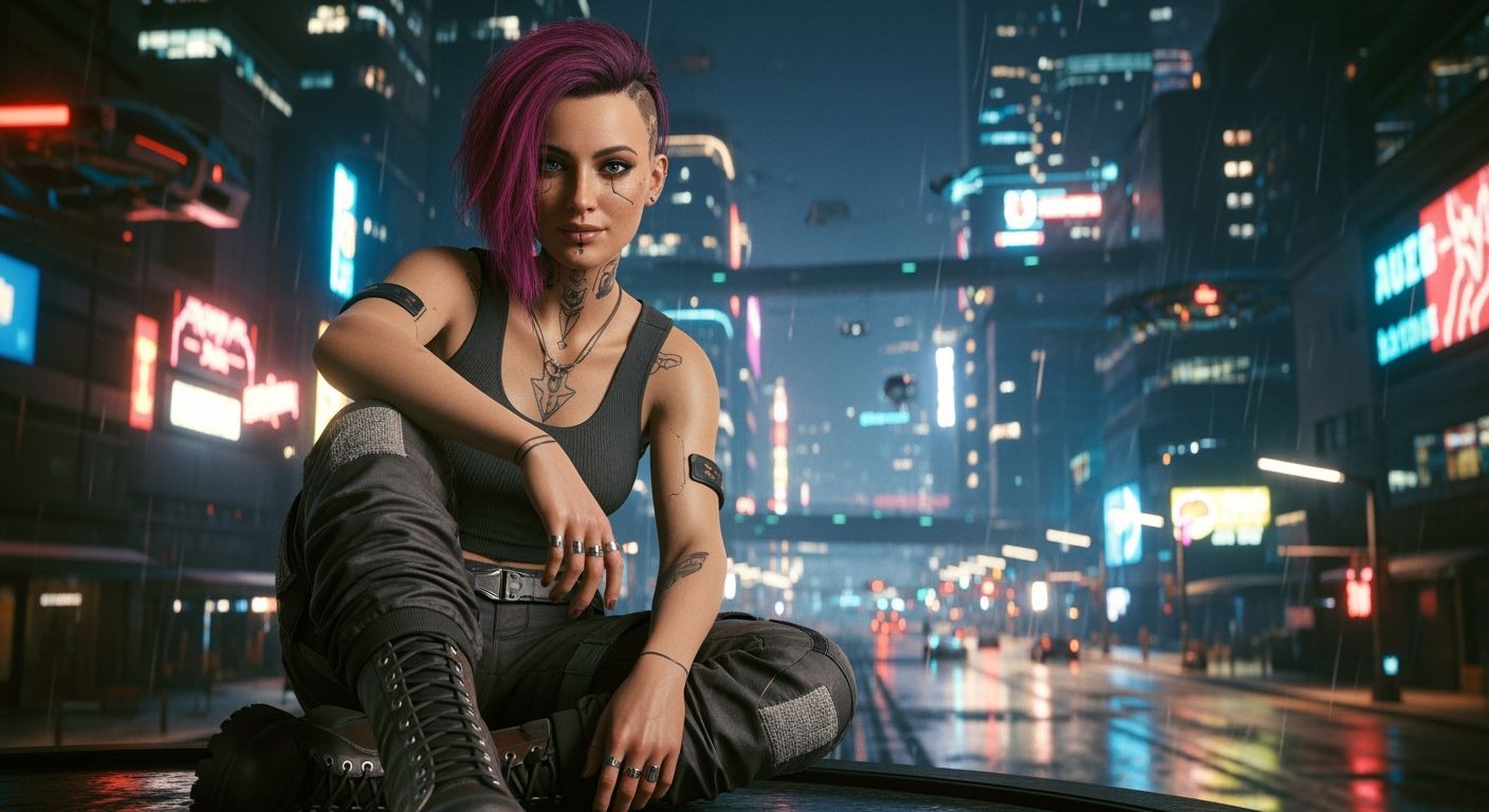 Judy Alvarez in Cyberpunk Cityscape at Night