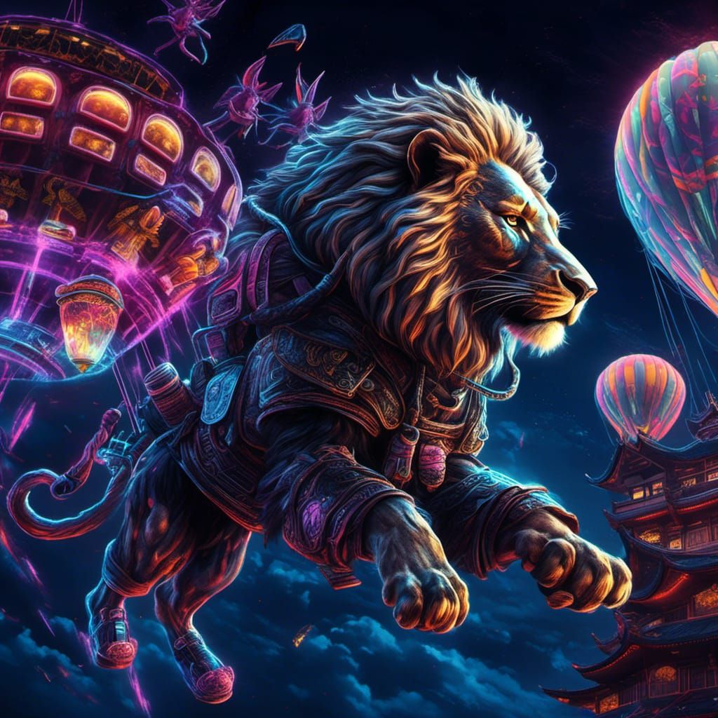 Cyberpunk Samurai Lion on Hot Air Balloon