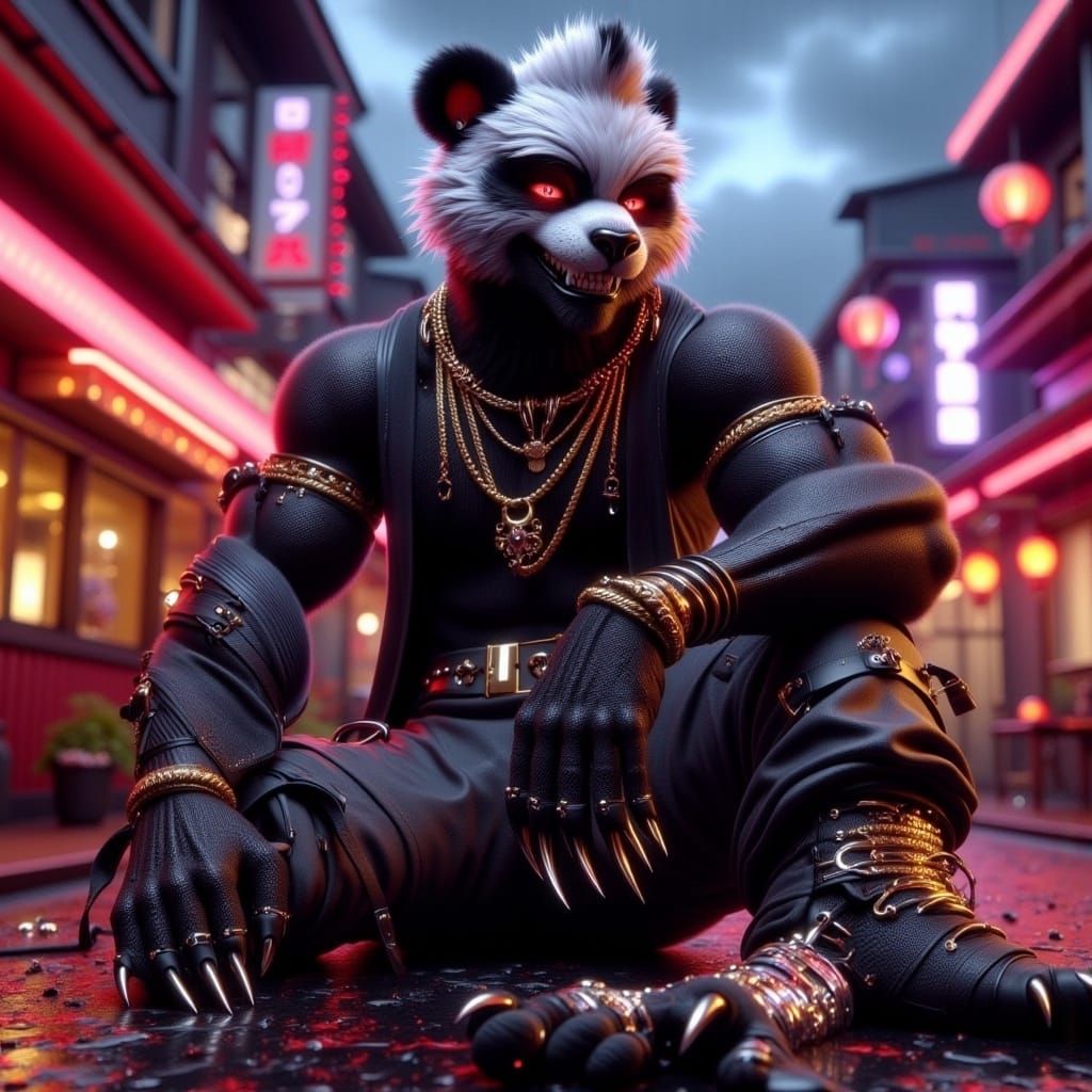 Cyberpunk Panda with Urban Chinatown Backdrop