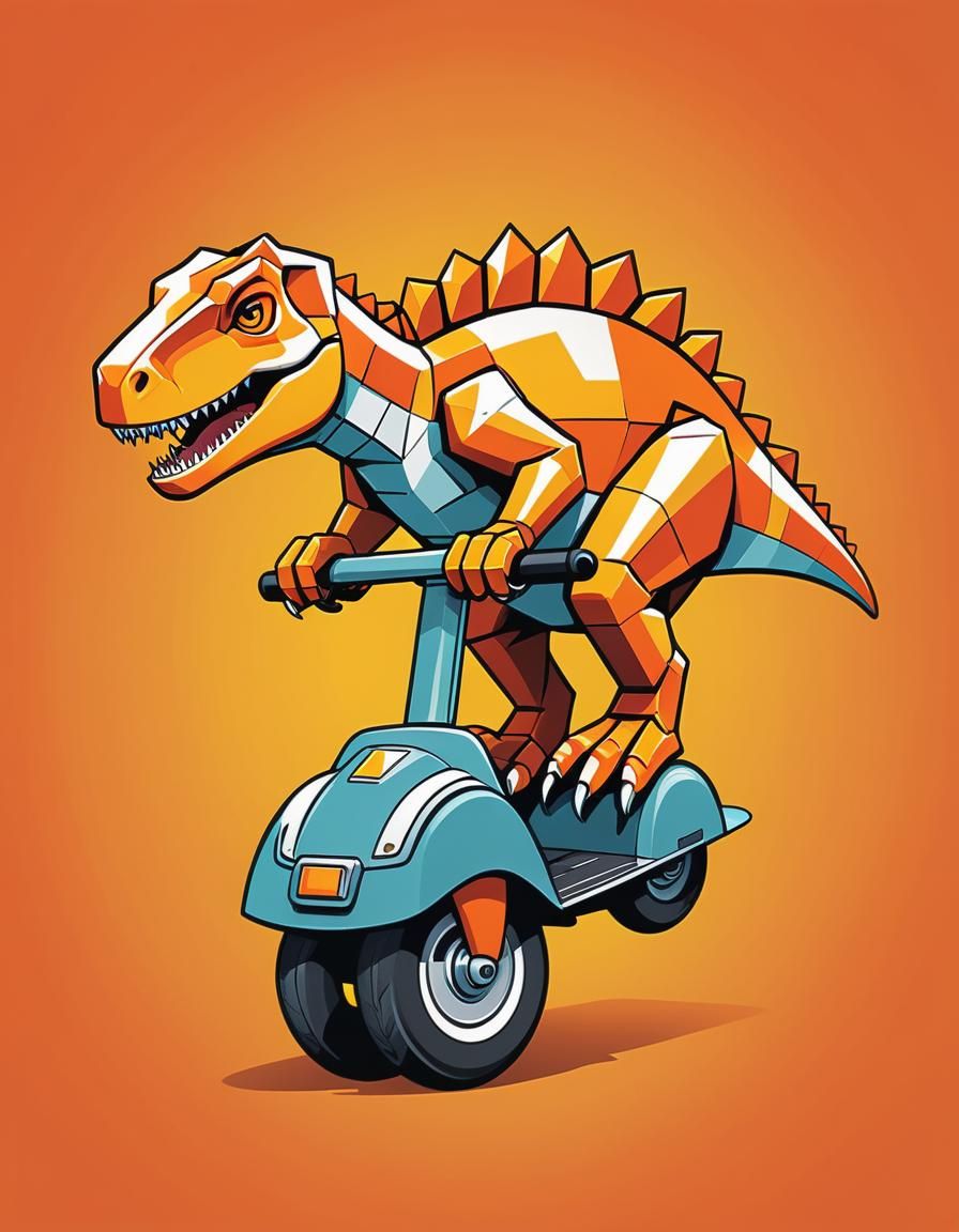 Cubist Tyrannosaur on Scooter in Vibrant Ink Style