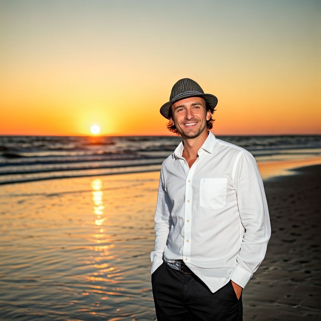 Man Smiling on Beach at Sunset