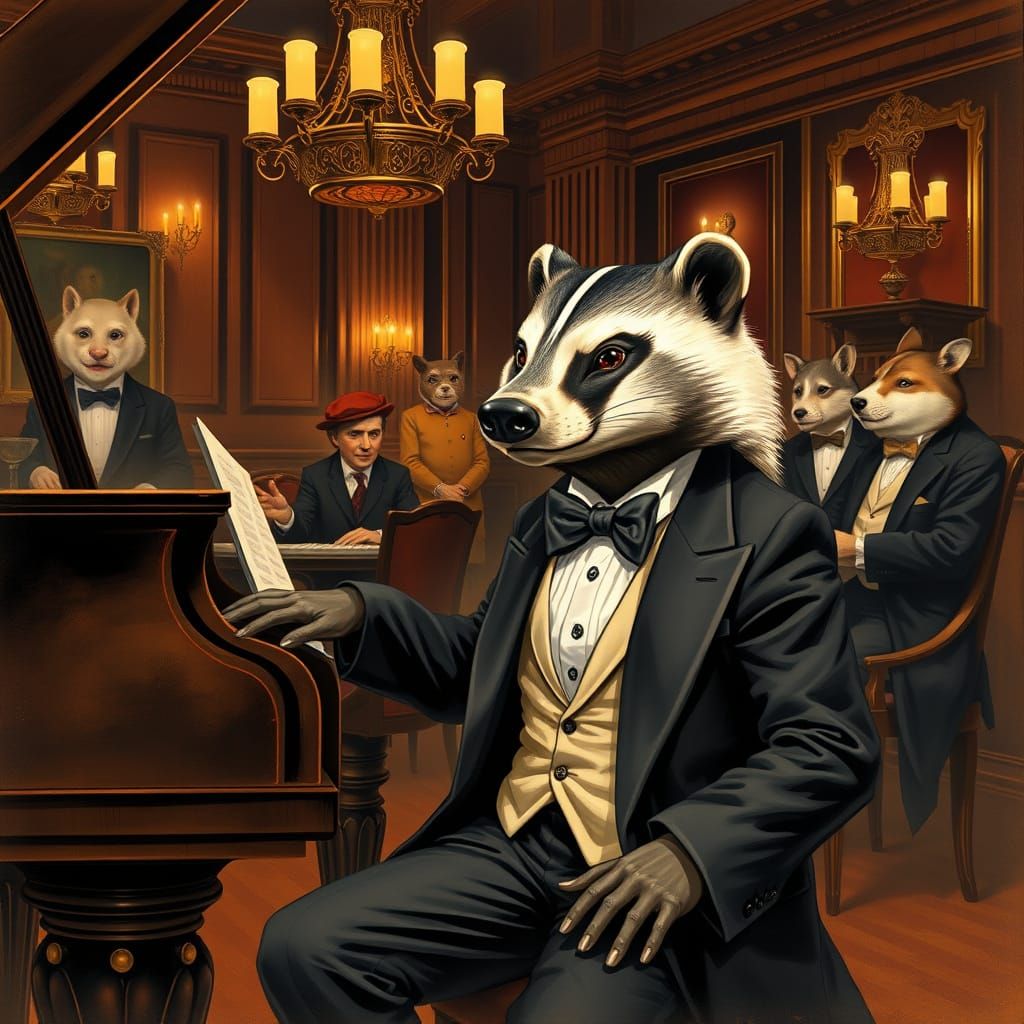 Badger Pianist in Jazz Club, Vintage Illustration