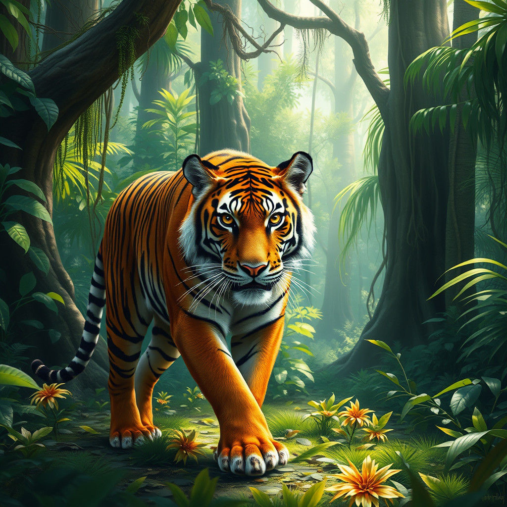 Tiger Prowling Through Jungle in Naive Art Style