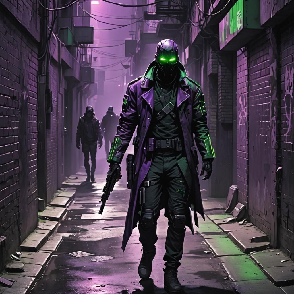 Futuristic Armed Man in Dark Cyberpunk Alley